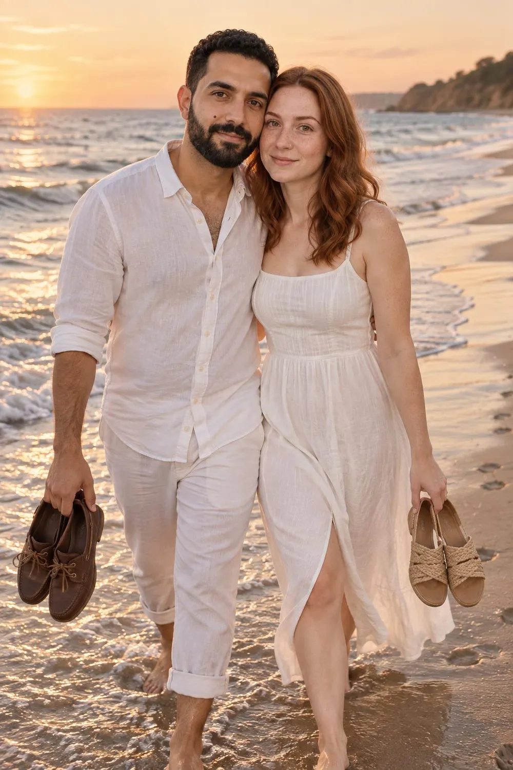 Engagement photo idea: couple walking the waterline of a quiet beach at sunset
