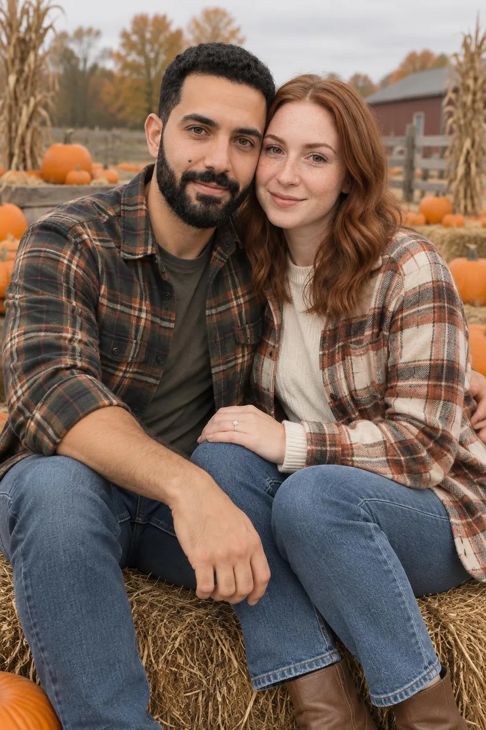 Engagement photo idea: couple sitting on a hay bale in a pumpkin patch