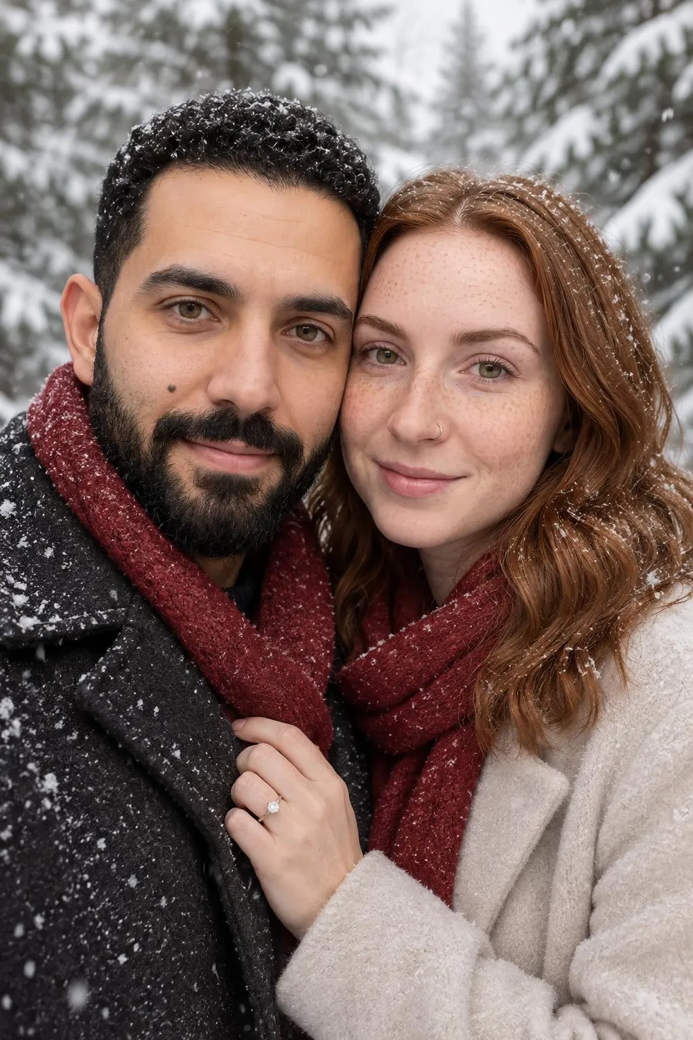Engagement photo idea: couple forehead to forehead as snow falls among evergreens