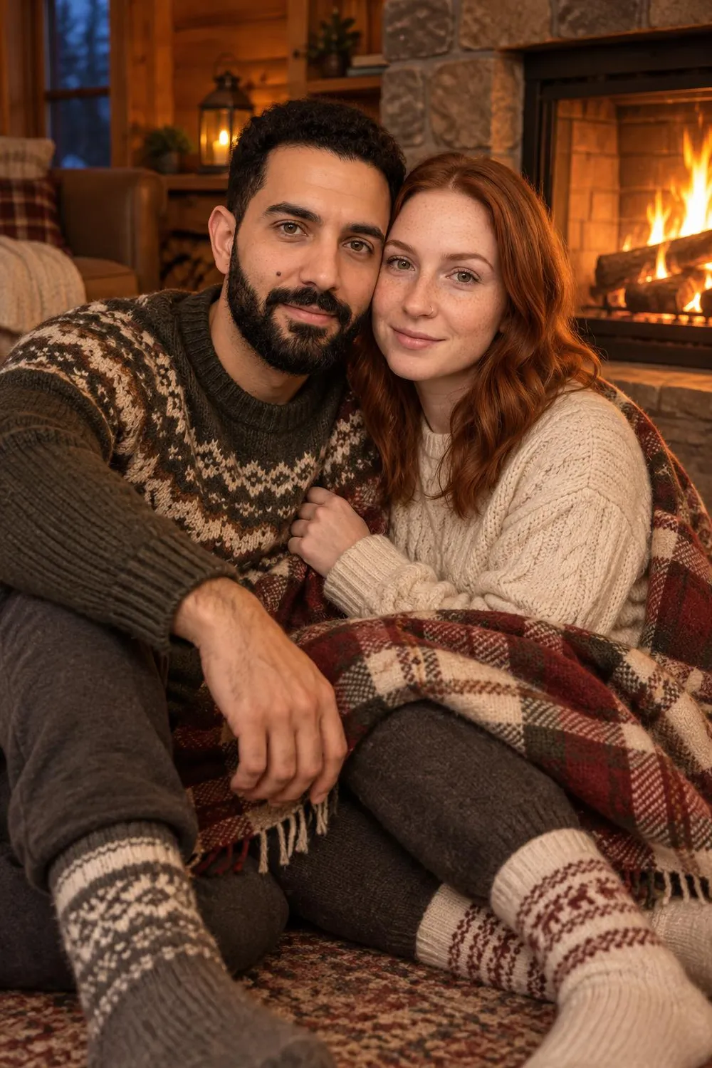 Engagement photo idea: couple sharing a blanket on the floor by a cabin fireplace