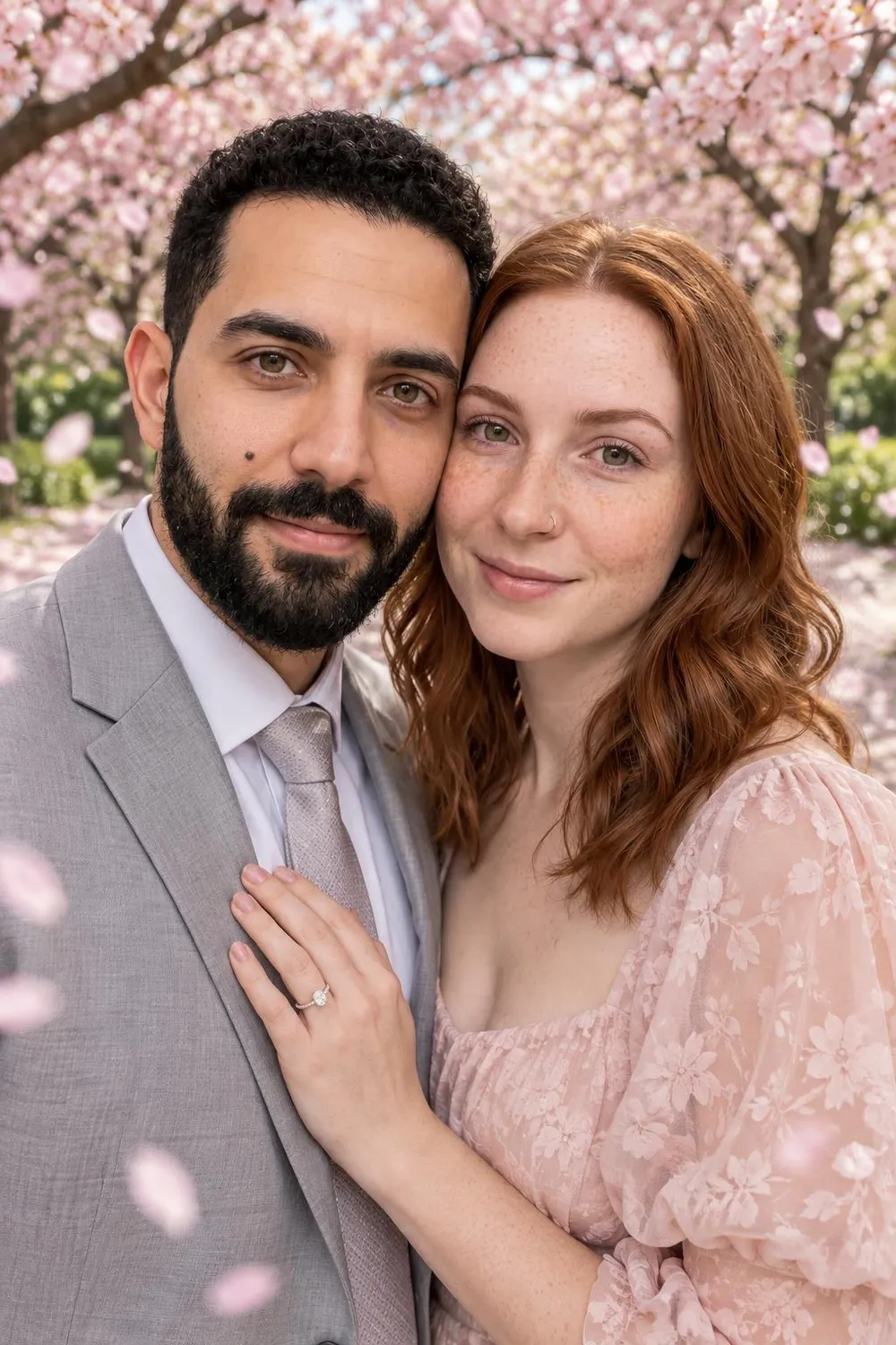 Engagement photo idea: couple under cherry blossom trees with petals falling