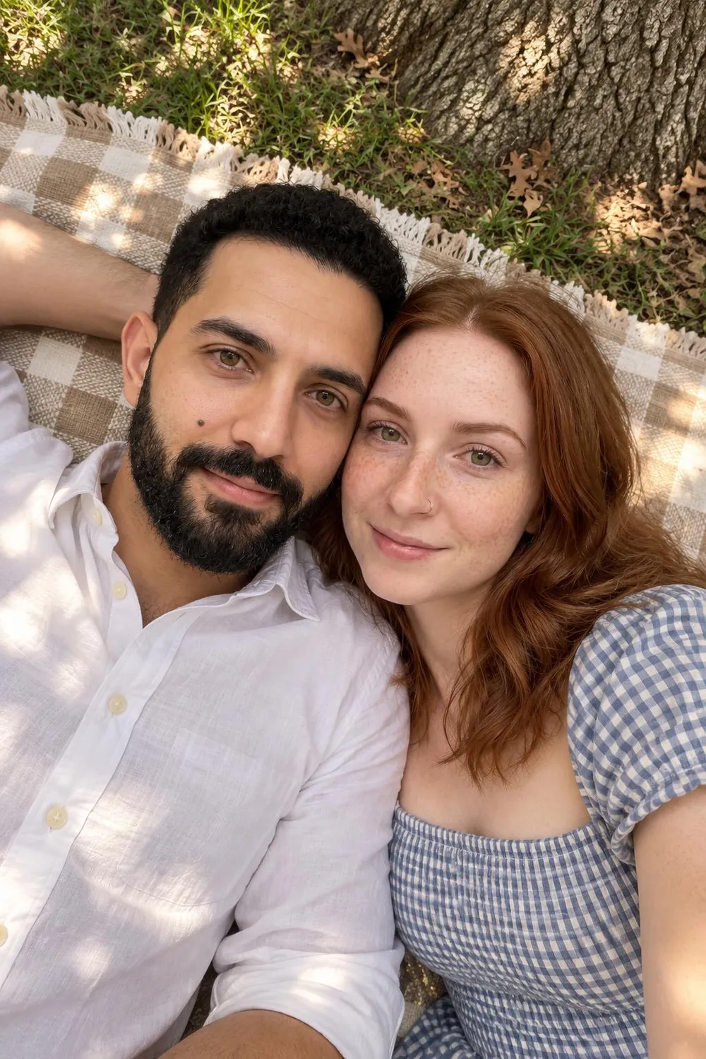 Engagement photo idea: couple lying on a picnic blanket under an oak tree