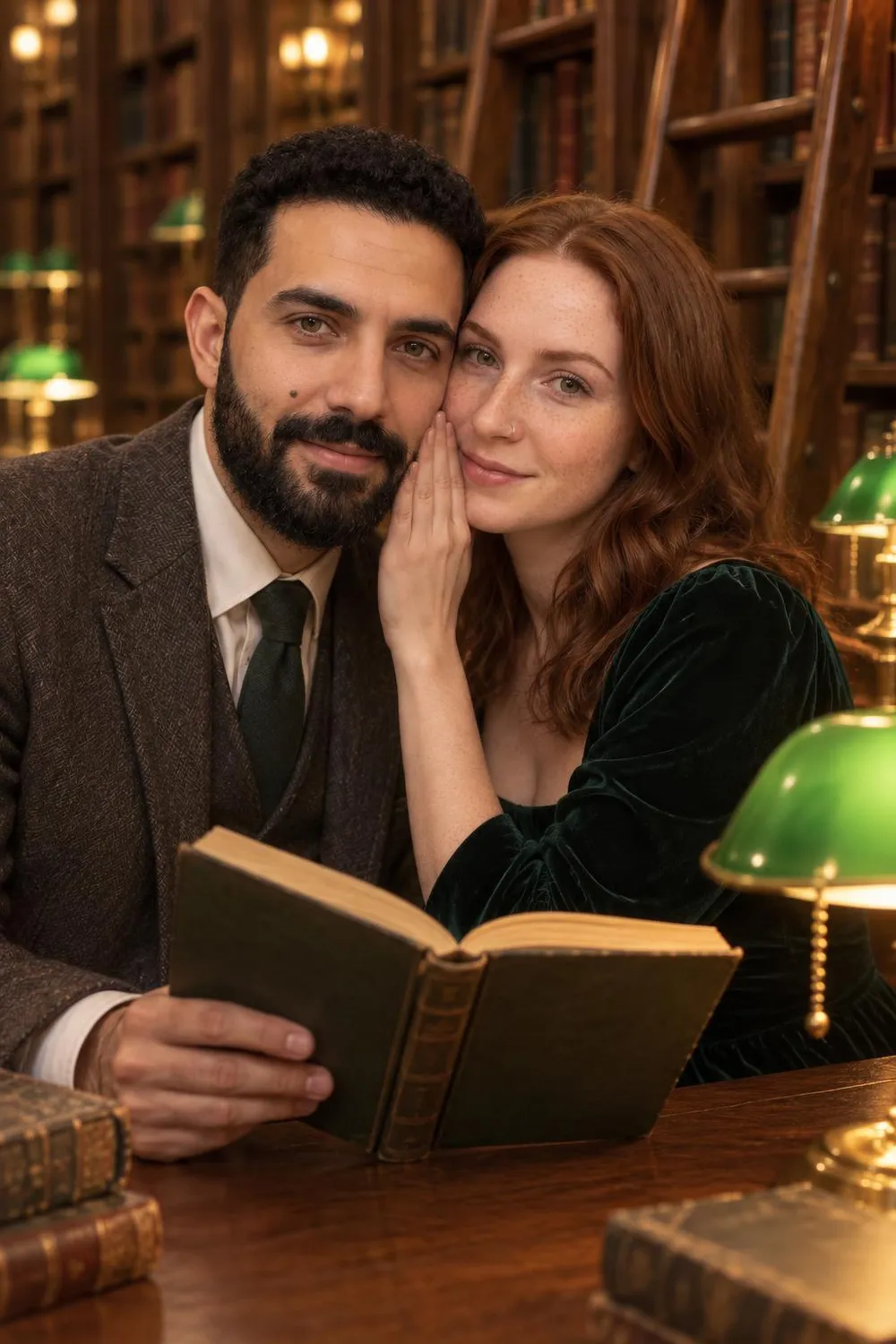 Engagement photo idea: couple whispering over a book in an old library with green lamps