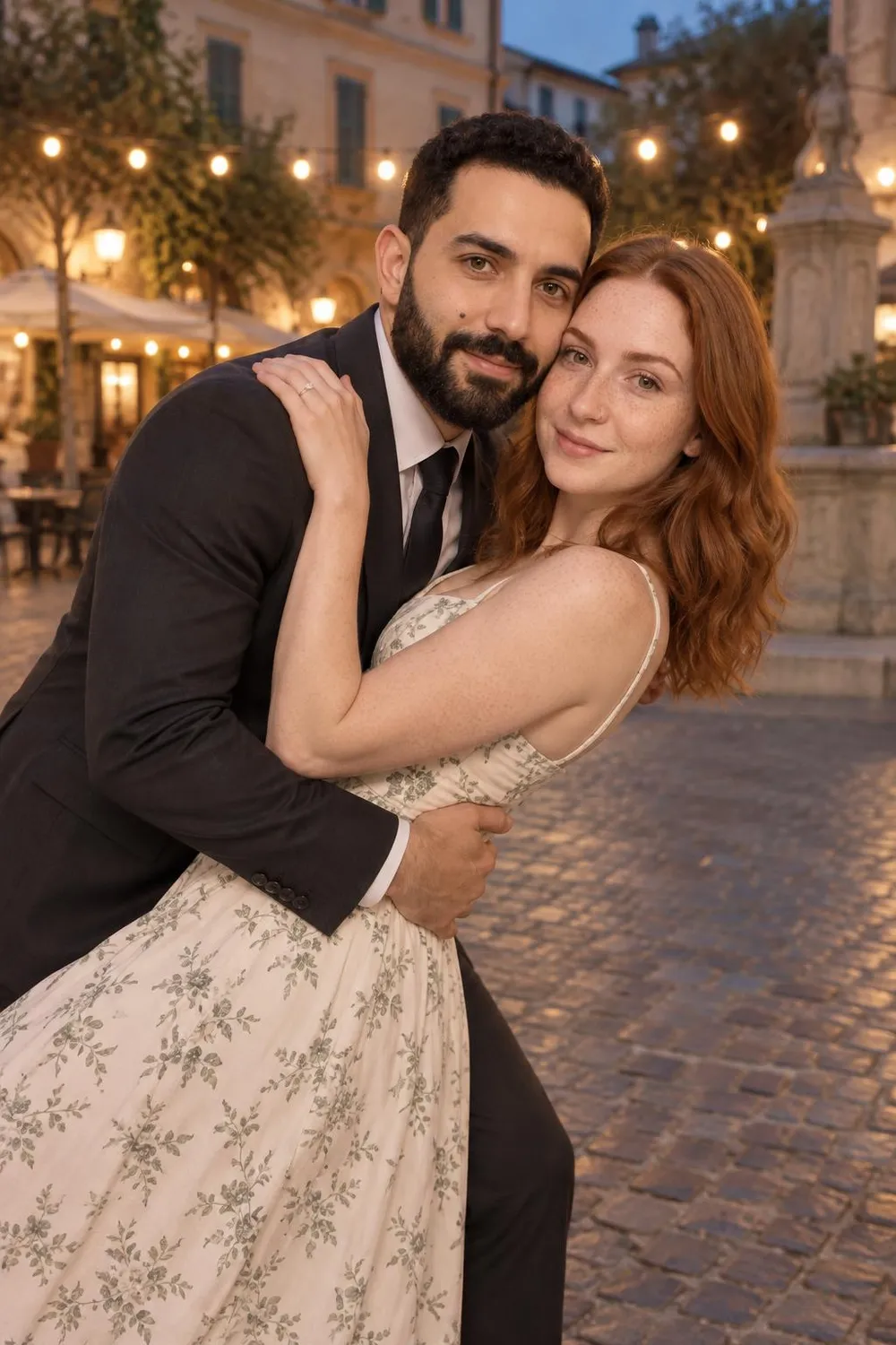 Engagement photo idea: couple in a dramatic dip kiss in a quiet square at dusk