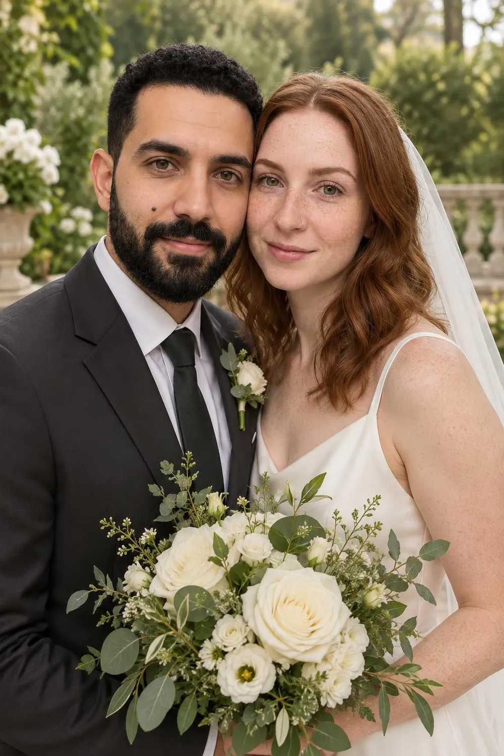 Wedding photo idea: a close photo of a wedding couple's hands holding a bouquet with their faces softly behind