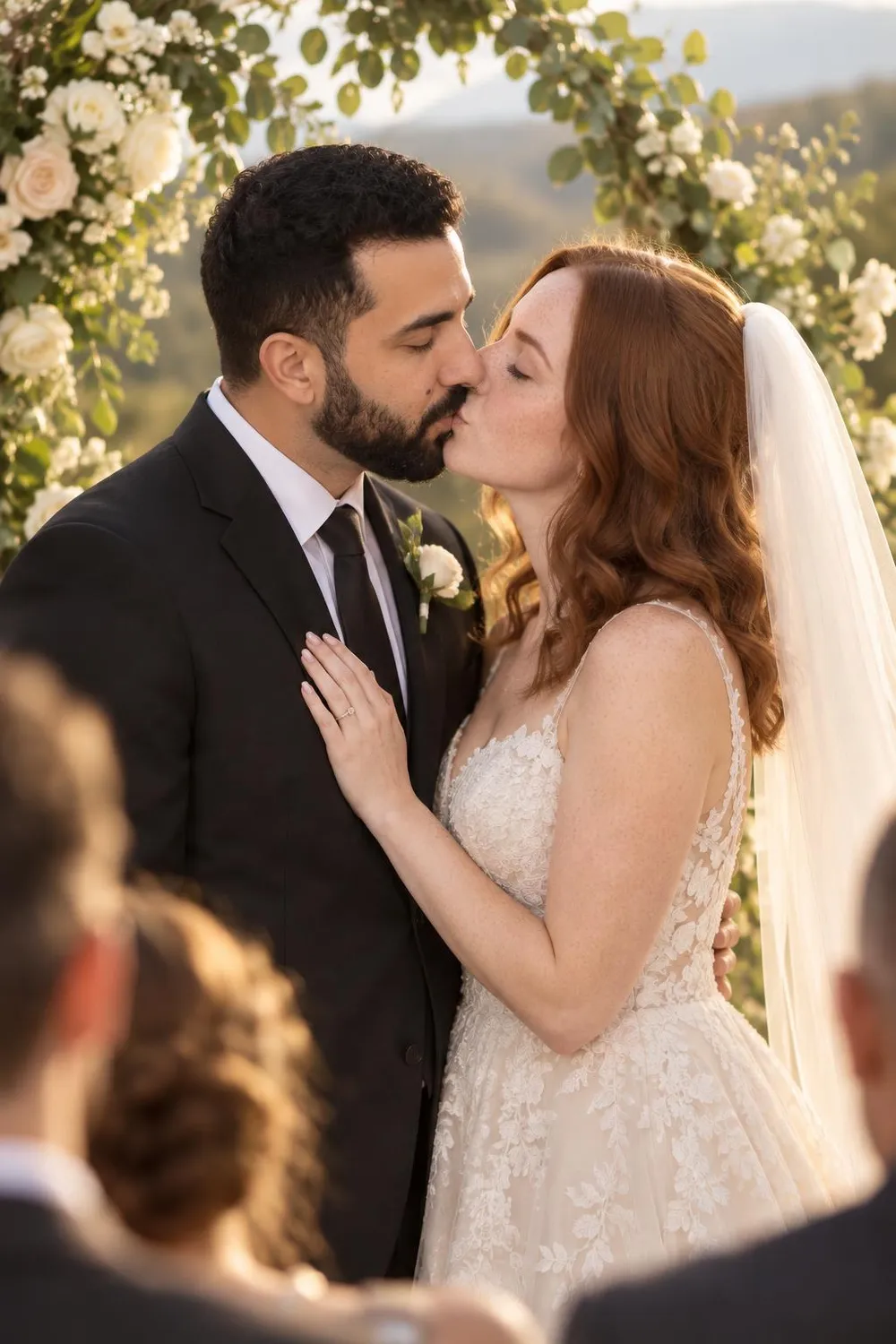 Wedding photo idea: a wedding couple's first kiss at an outdoor ceremony