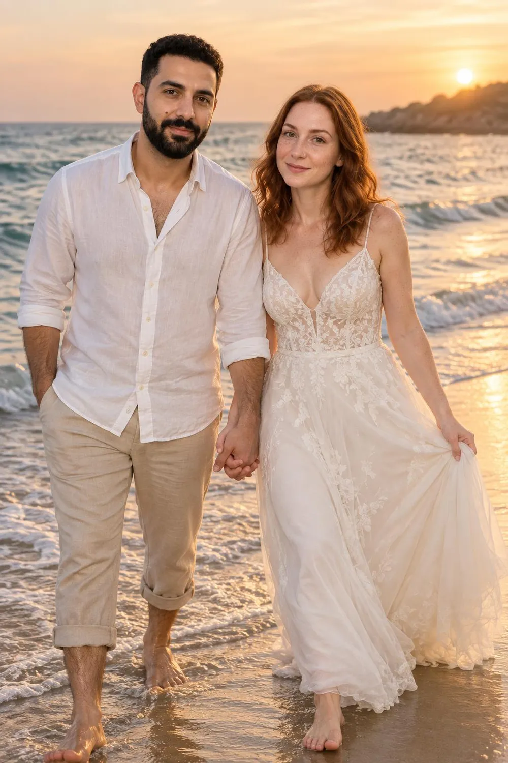 Wedding photo idea: a wedding couple walking barefoot along the shoreline at sunset