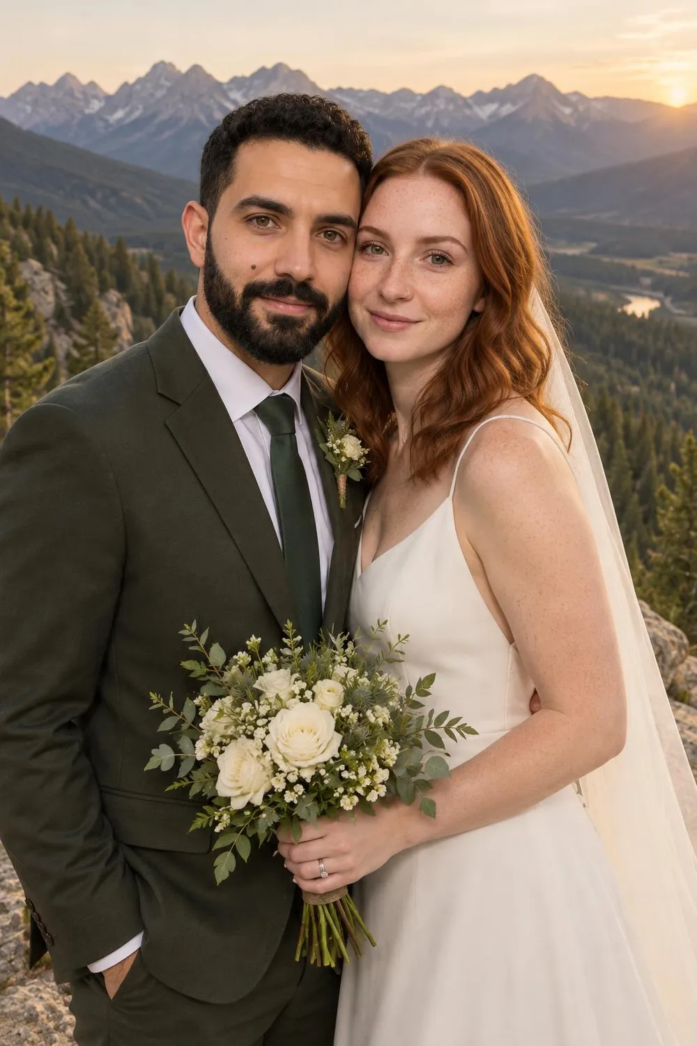 Wedding photo idea: a wedding couple standing on a rocky overlook above a valley