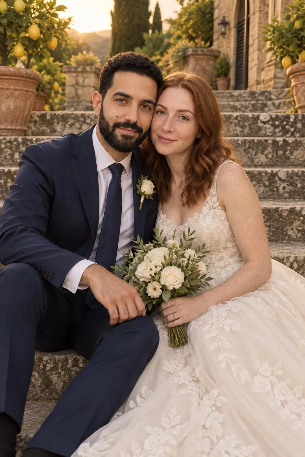 Wedding photo idea: a wedding couple sitting on old stone steps