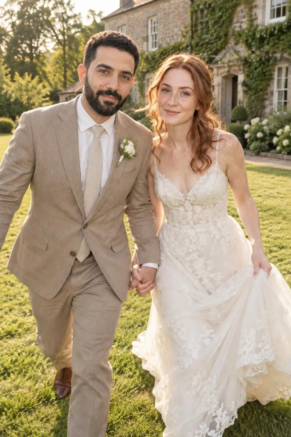 Wedding photo idea: a wedding couple running hand in hand across a lawn, laughing