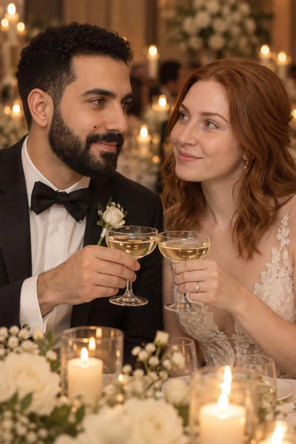 Wedding photo idea: a wedding couple clinking champagne glasses