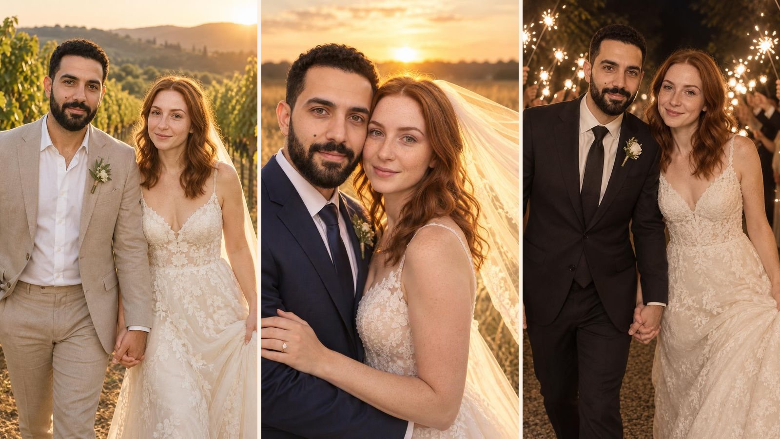 Three AI-generated wedding photo examples: a couple in vineyard rows at golden hour, under a backlit veil at sunset, and walking through a sparkler exit