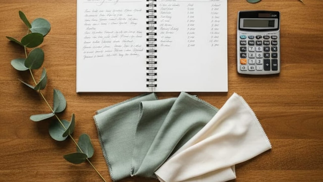 Wedding budget planning flatlay with a notebook, calculator, and fabric swatches