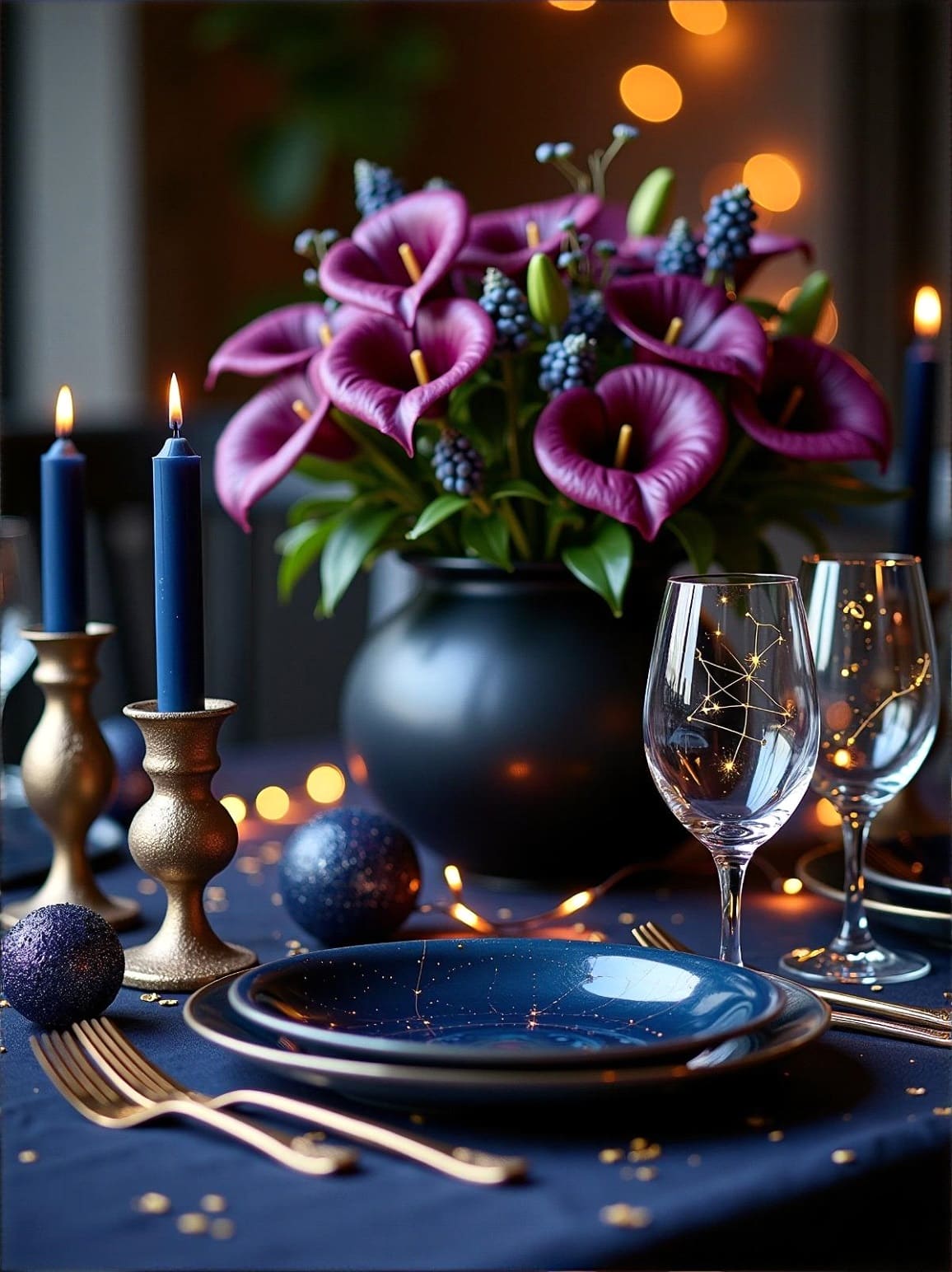 Candlelit wedding dinner table in deep blue and gold, set for the welcome speech