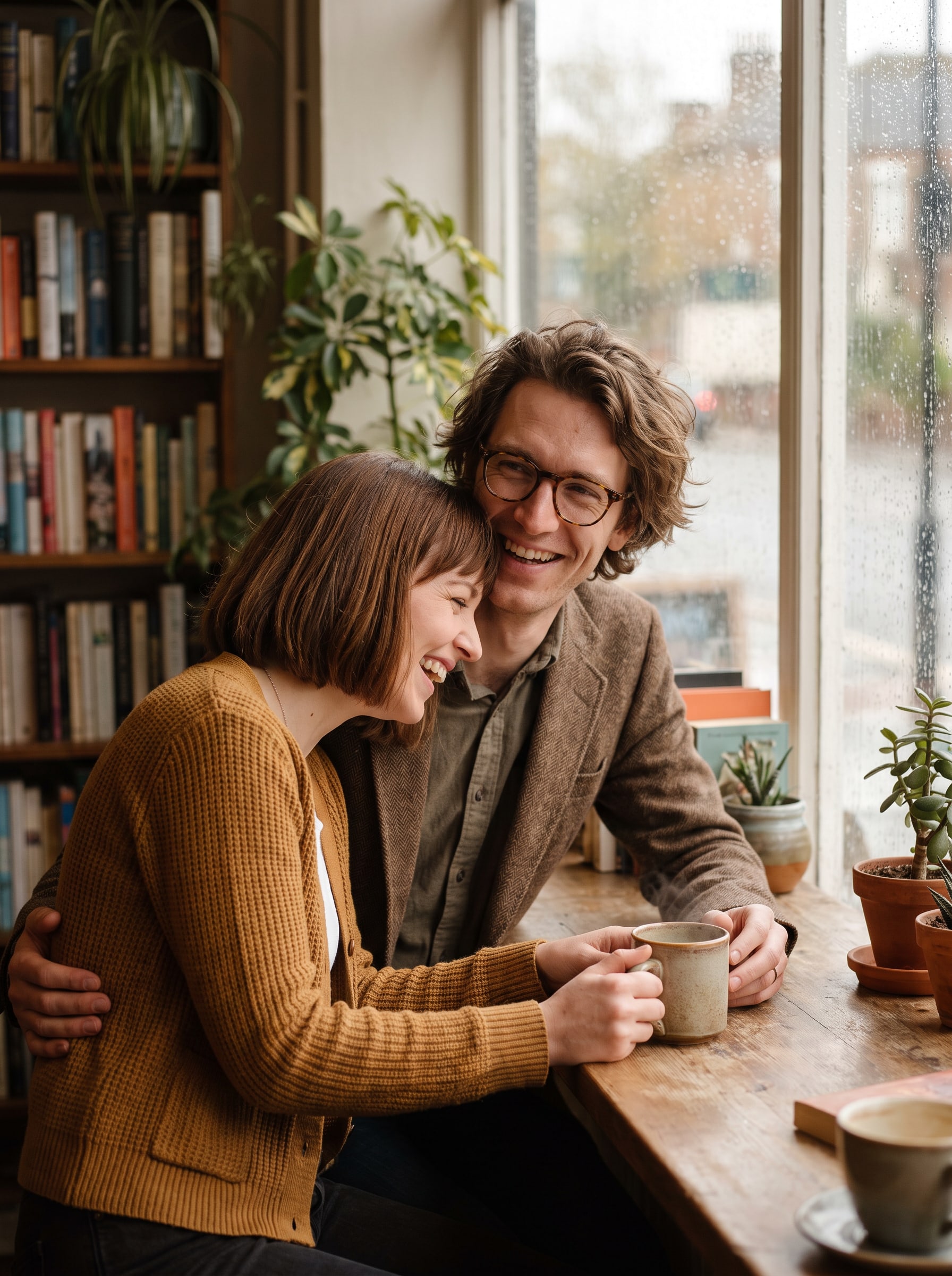 Couple laughing together over coffee