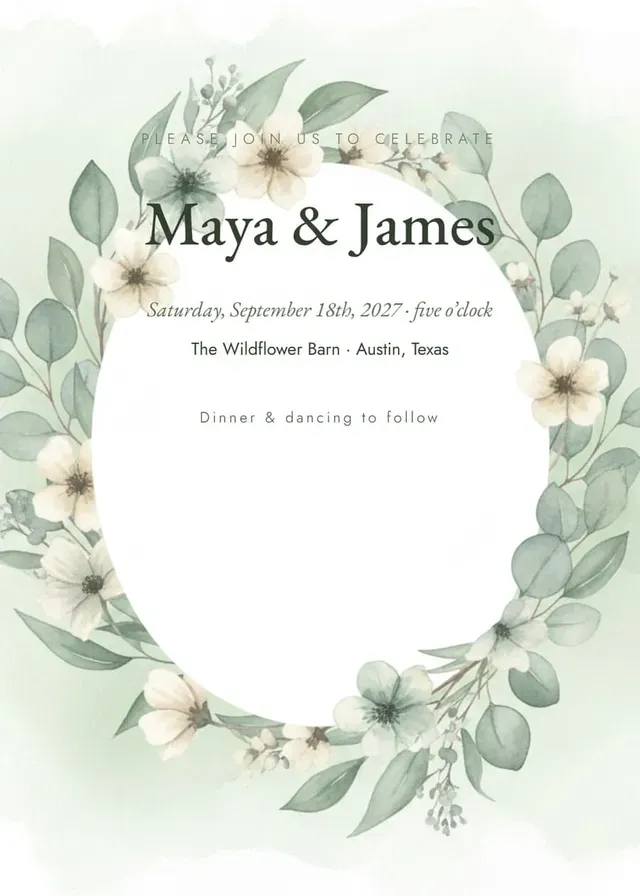 Wedding invitation made with the VowPetal invitation maker — botanical template, real typography