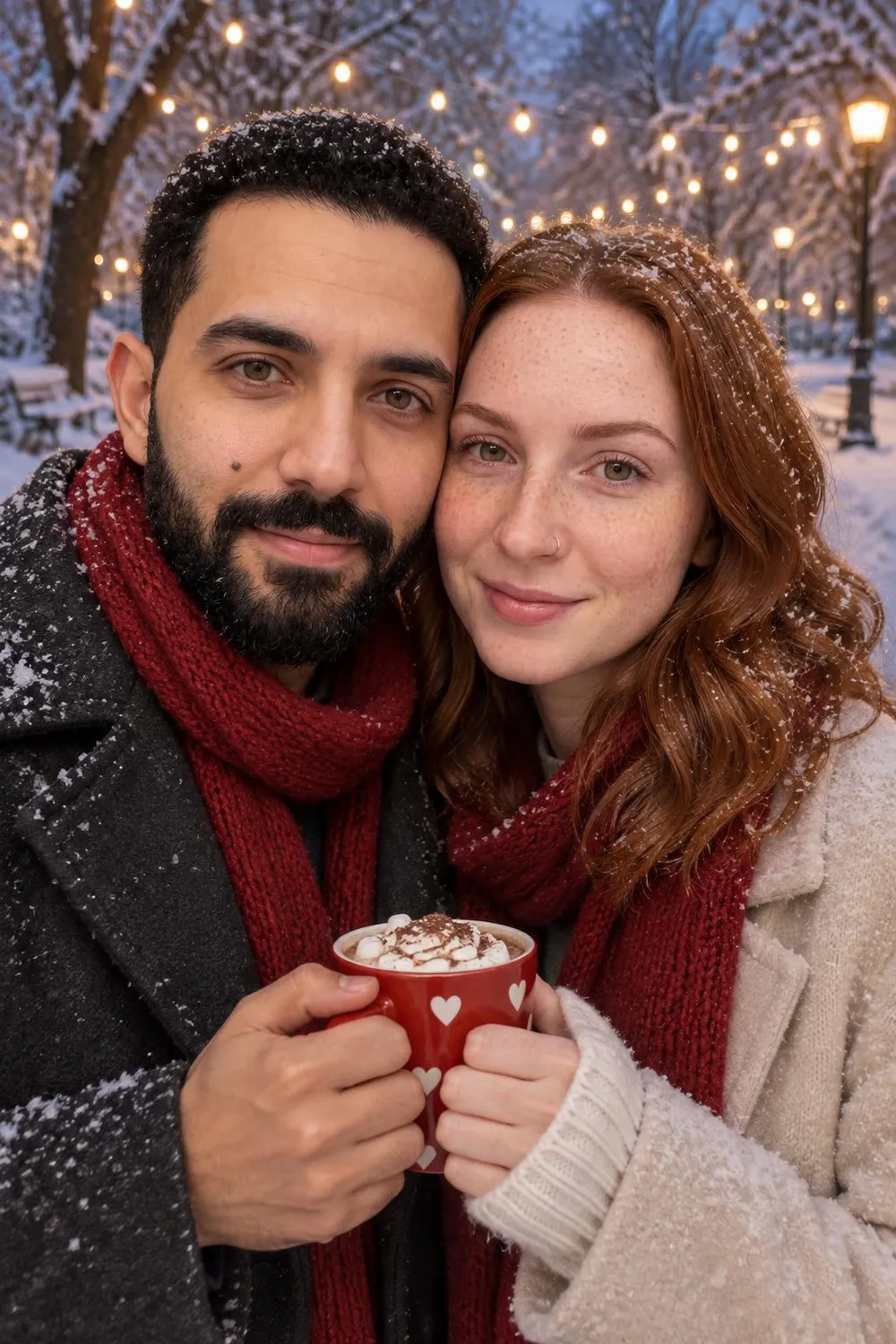 Valentine's photo idea: snowy park, one cocoa