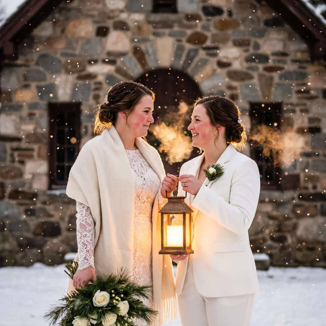 AI-generated wedding photo example: two brides forehead to forehead outside a stone chapel in falling snow