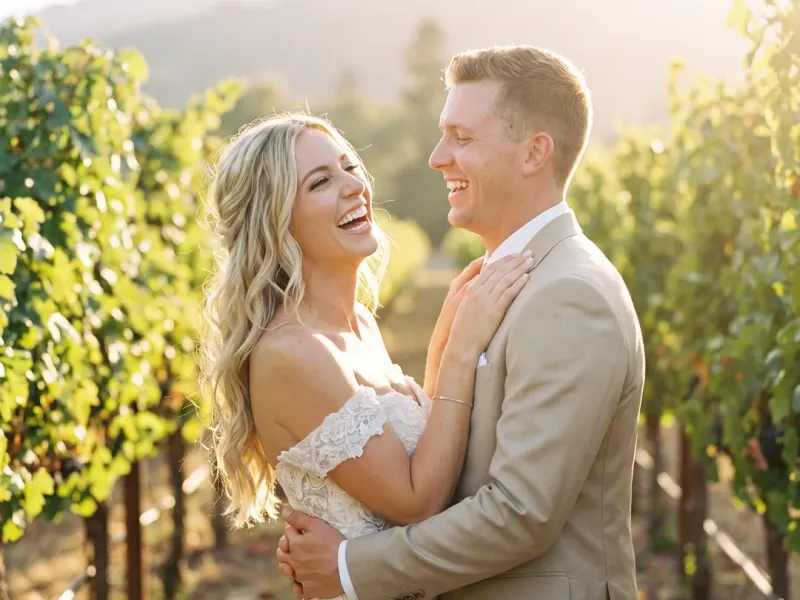 AI wedding photo example: bride and groom laughing in a vineyard