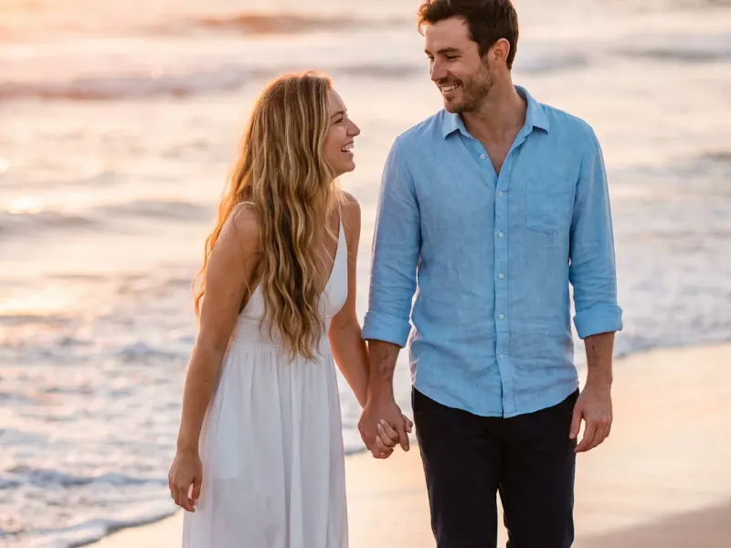 A scene from the sample save-the-date film: a couple on a beach at golden hour