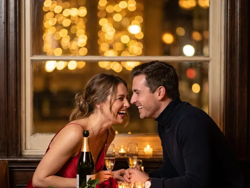 AI Valentine's photo example: a couple laughing over a candlelit dinner