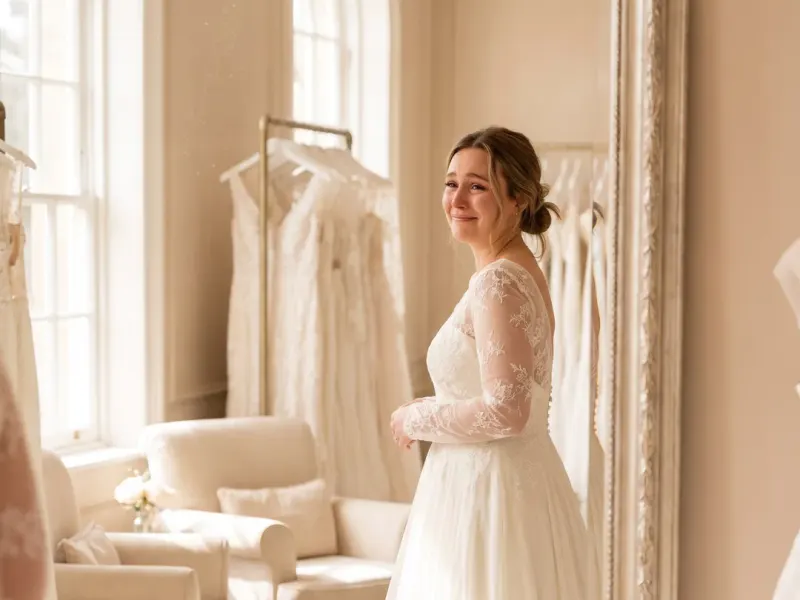 Virtual try-on example: a bride-to-be in a lace gown at a bridal salon